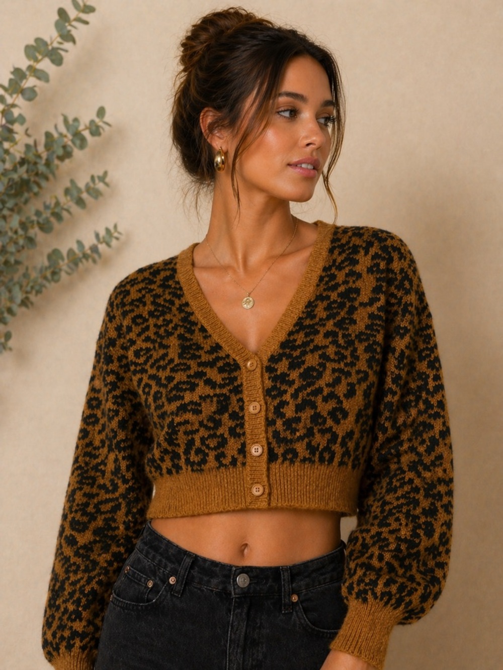 RSQ Cropped Leopard Jacquard Cardigan - Mustard/Black